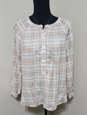 NWT LOFT Cream Plaid Button-Front Blouse with Pale Orange Lines